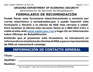 Formulario RSA-1298A FORFFS-LP Formulario De Recomendacion - Arizona (Spanish)