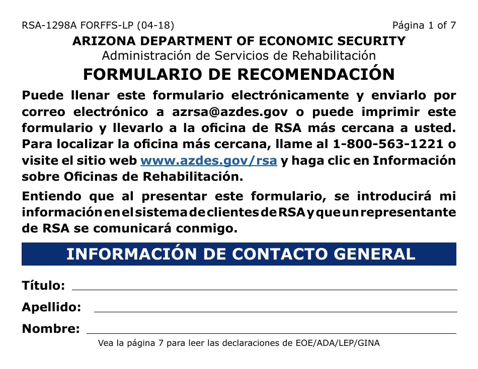 Formulario RSA-1298A FORFFS-LP Formulario De Recomendacion - Arizona (Spanish), Page 1