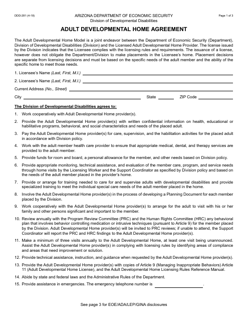 Form DDD-281 Adult Developmental Home Agreement - Arizona