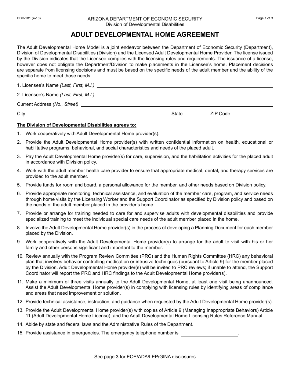 Form DDD-281 Adult Developmental Home Agreement - Arizona, Page 1