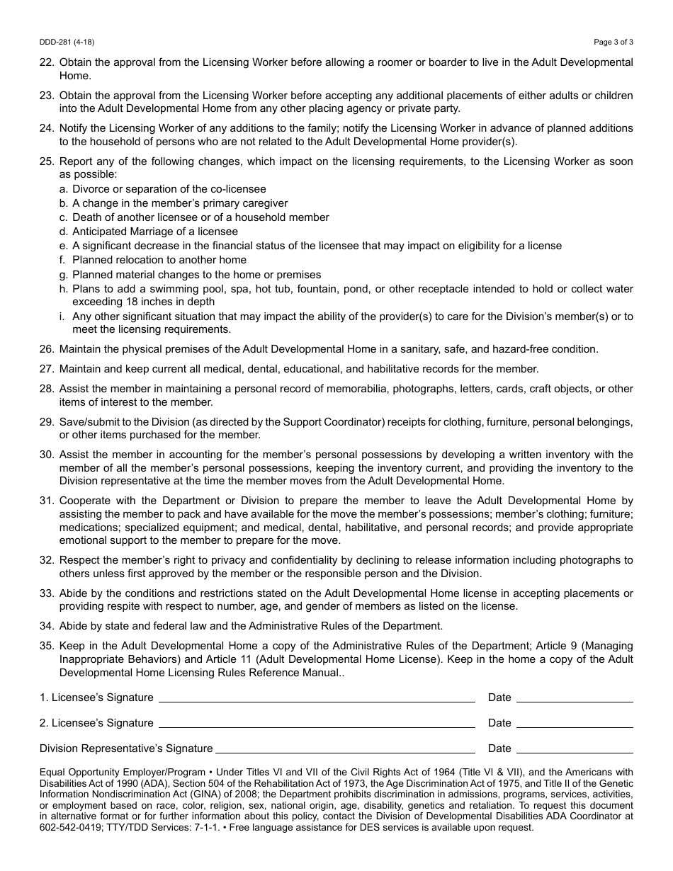 Form DDD-281 Adult Developmental Home Agreement - Arizona, Page 3