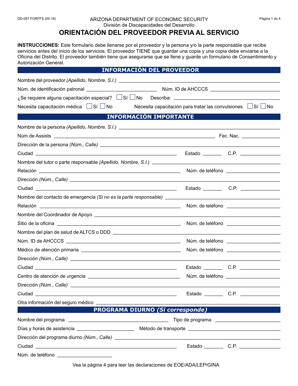 Formulario DD-097 FORFFS Orientacion Del Proveedor Previa Al Servicio - Arizona (Spanish), Page 1