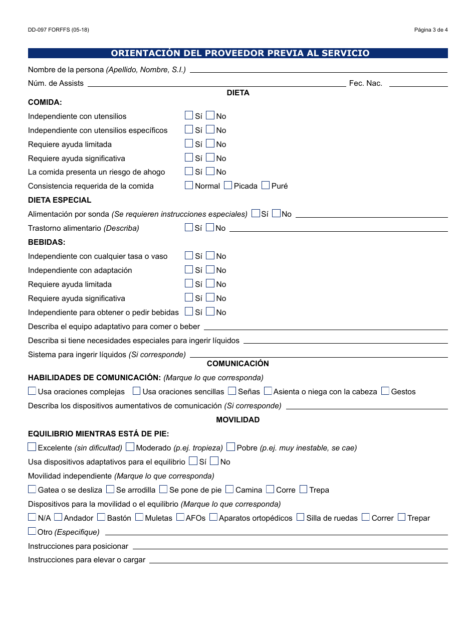 Formulario DD-097 FORFFS Orientacion Del Proveedor Previa Al Servicio - Arizona (Spanish), Page 3