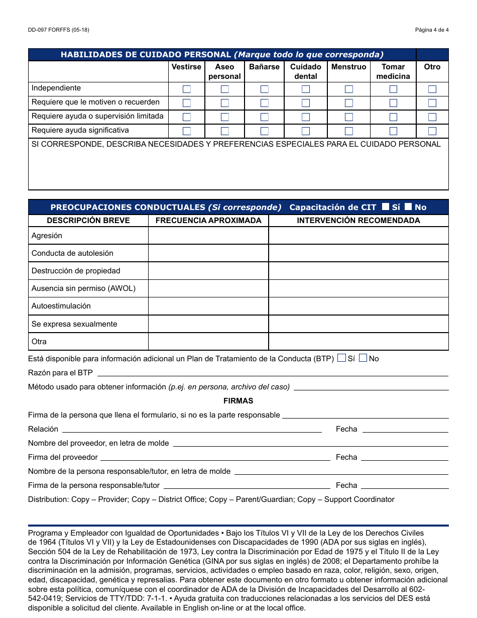 Formulario DD-097 FORFFS Orientacion Del Proveedor Previa Al Servicio - Arizona (Spanish), Page 4