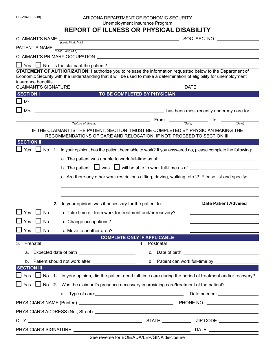 Form UB-296-FF Report of Illness or Physical Disability - Arizona, Page 1
