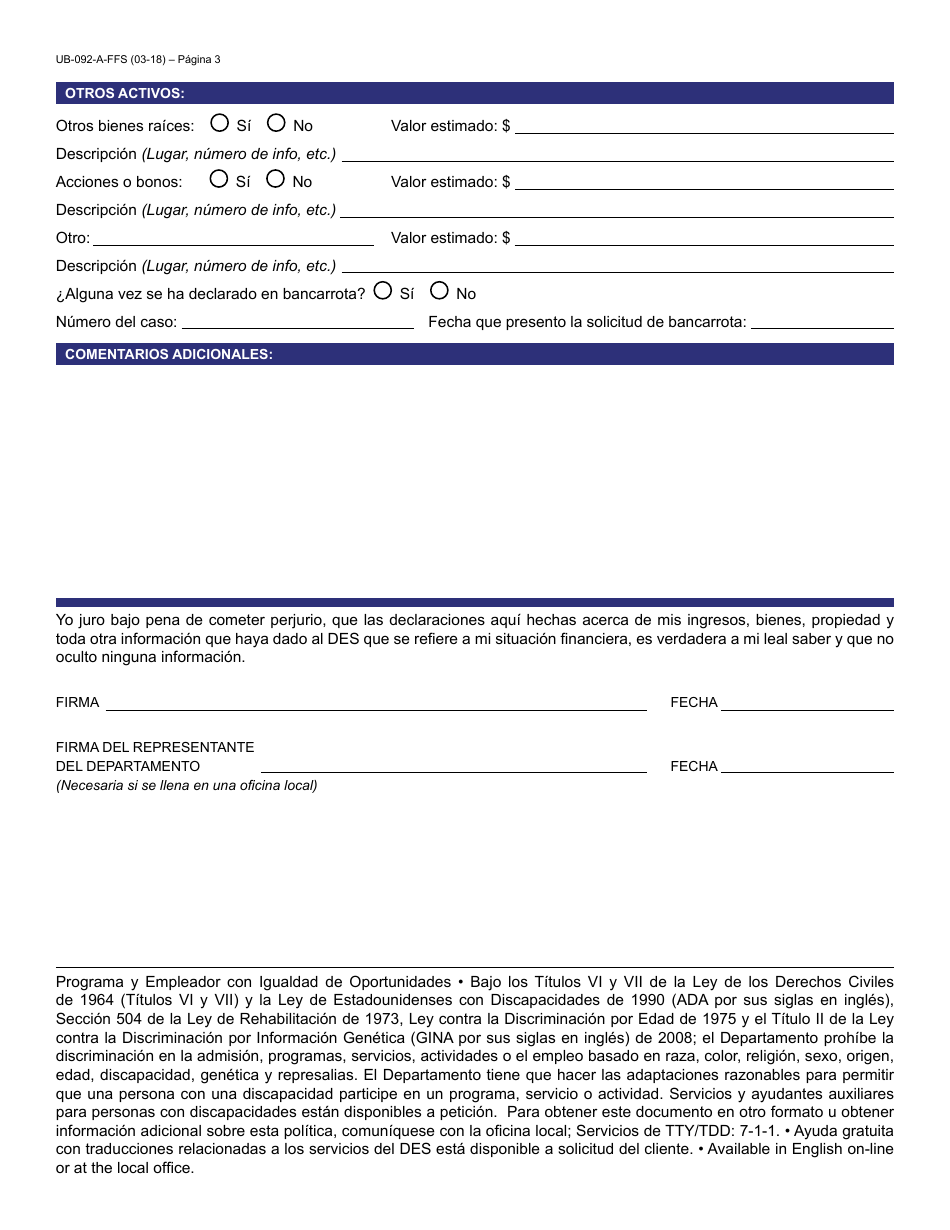 Formulario UB-092-A-FFS Declaracion Financiera Confidencial - Arizona (Spanish), Page 3
