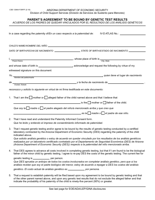 Form CSE-1284A FORF Parent's Agreement to Be Bound by Genetic Test Results - Arizona (English/Spanish)