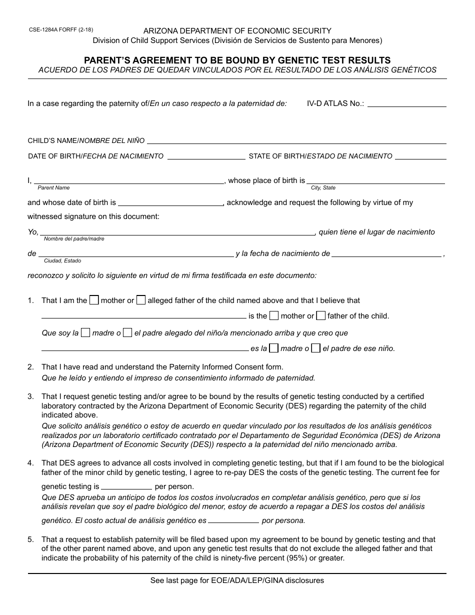 Form CSE-1284A FORF Parents Agreement to Be Bound by Genetic Test Results - Arizona (English / Spanish), Page 1