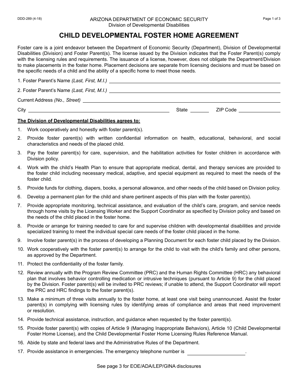 Form DDD-289 Child Developmental Foster Home Agreement - Arizona, Page 1