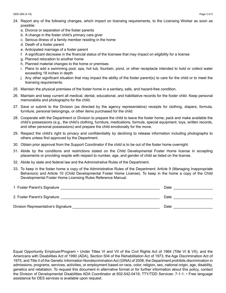 Form DDD-289 Child Developmental Foster Home Agreement - Arizona, Page 3