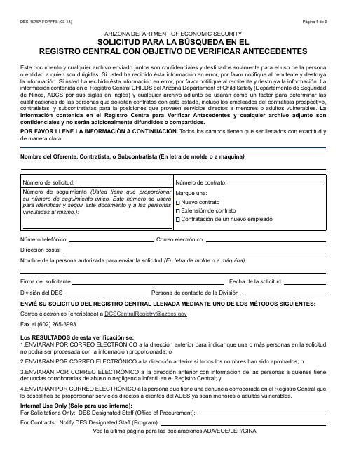 Formulario DES-1076A FORFFS Solicitud Para La Busqueda En El Registro Central Con Objetivo De Verificar Antecedentes - Arizona (Spanish)