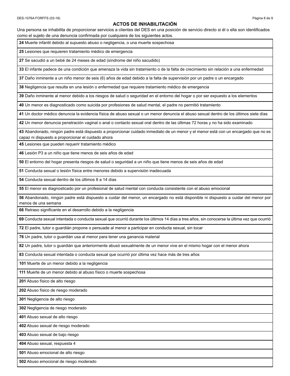 Formulario DES-1076A FORFFS Solicitud Para La Busqueda En El Registro Central Con Objetivo De Verificar Antecedentes - Arizona (Spanish), Page 8