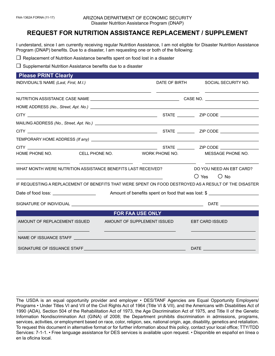 Form FAA-1362A FORNA Request for Nutrition Assistance Replacement / Supplement - Arizona, Page 1
