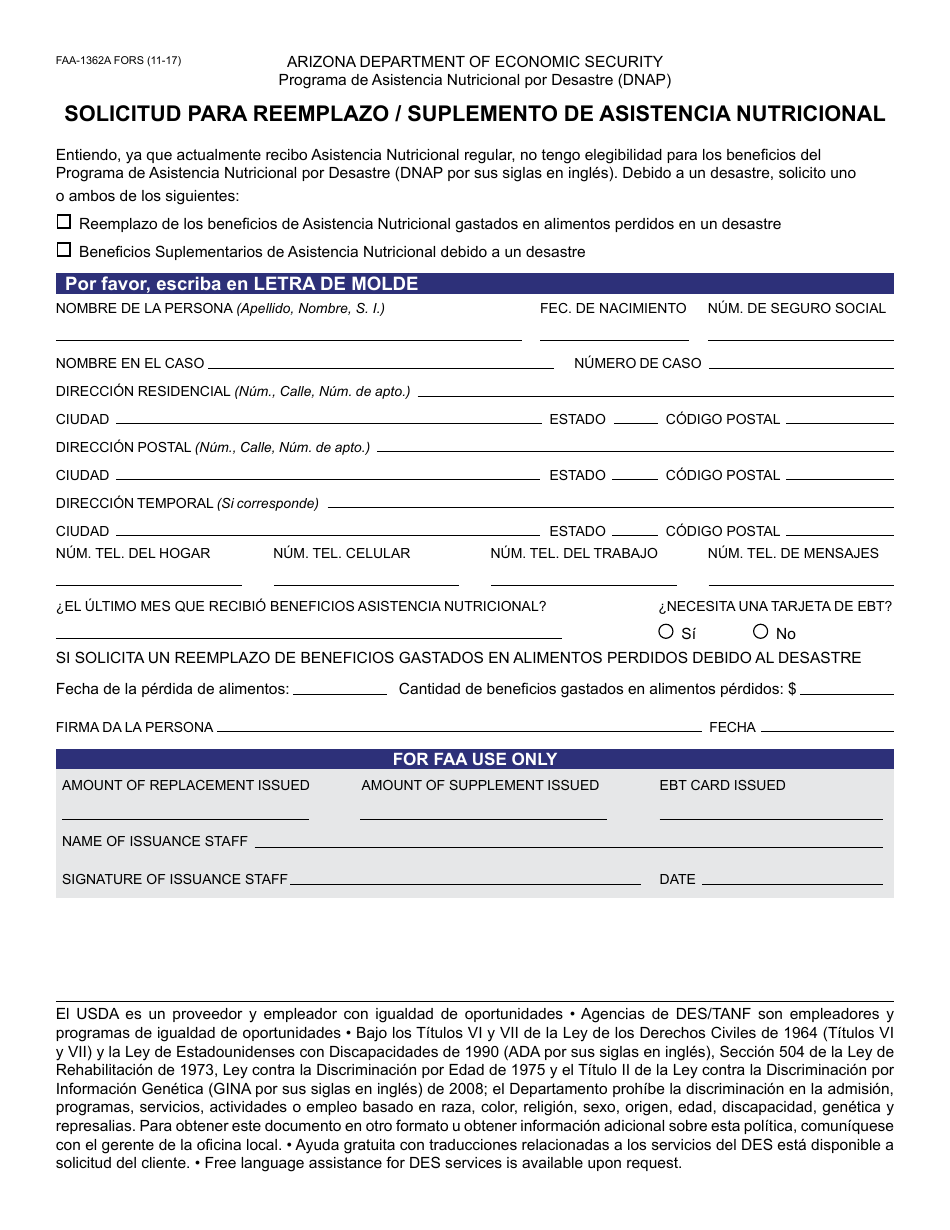 Formulario FAA-1362A FORS Solicitud Para Reemplazo / Suplemento De Asistencia Nutricional - Arizona (Spanish), Page 1