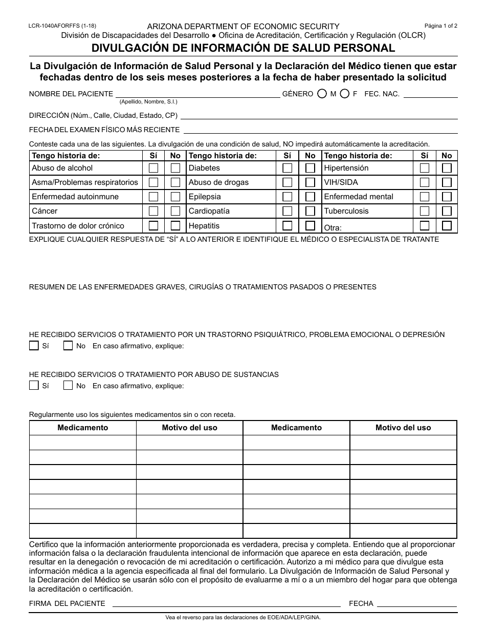 Formulario LCR-1040A FORFFS Divulgacion De Informacion De Salud Personal - Arizona (Spanish), Page 1
