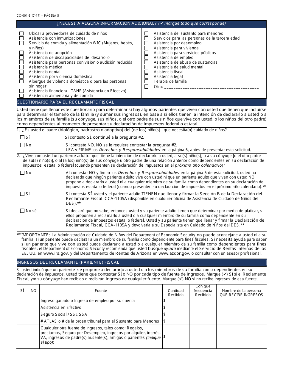 Formulario CC-001-S Solicitud De Asistencia Para Cuidado De Ninos - Arizona (Spanish), Page 6