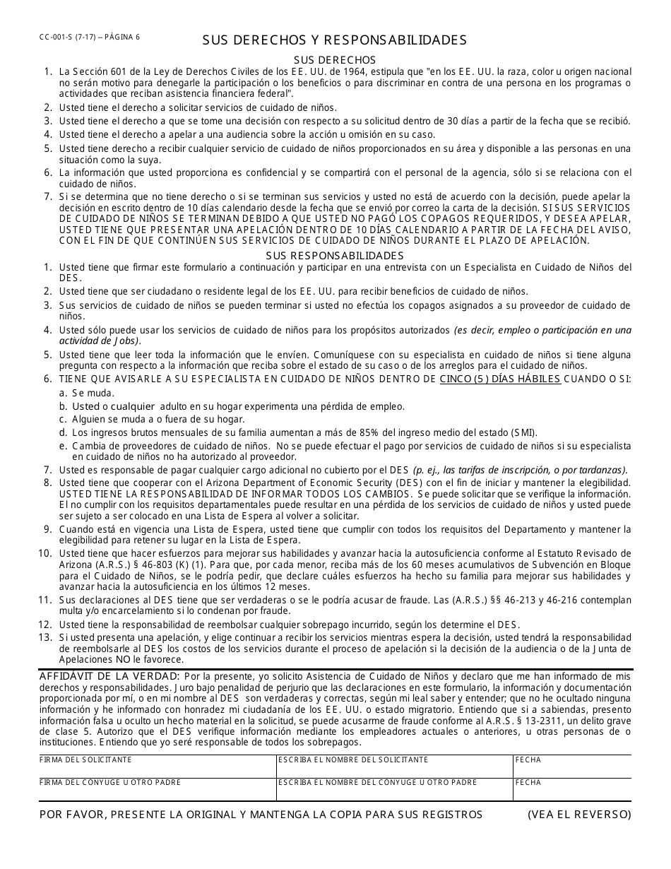 Formulario CC-001-S Solicitud De Asistencia Para Cuidado De Ninos - Arizona (Spanish), Page 7