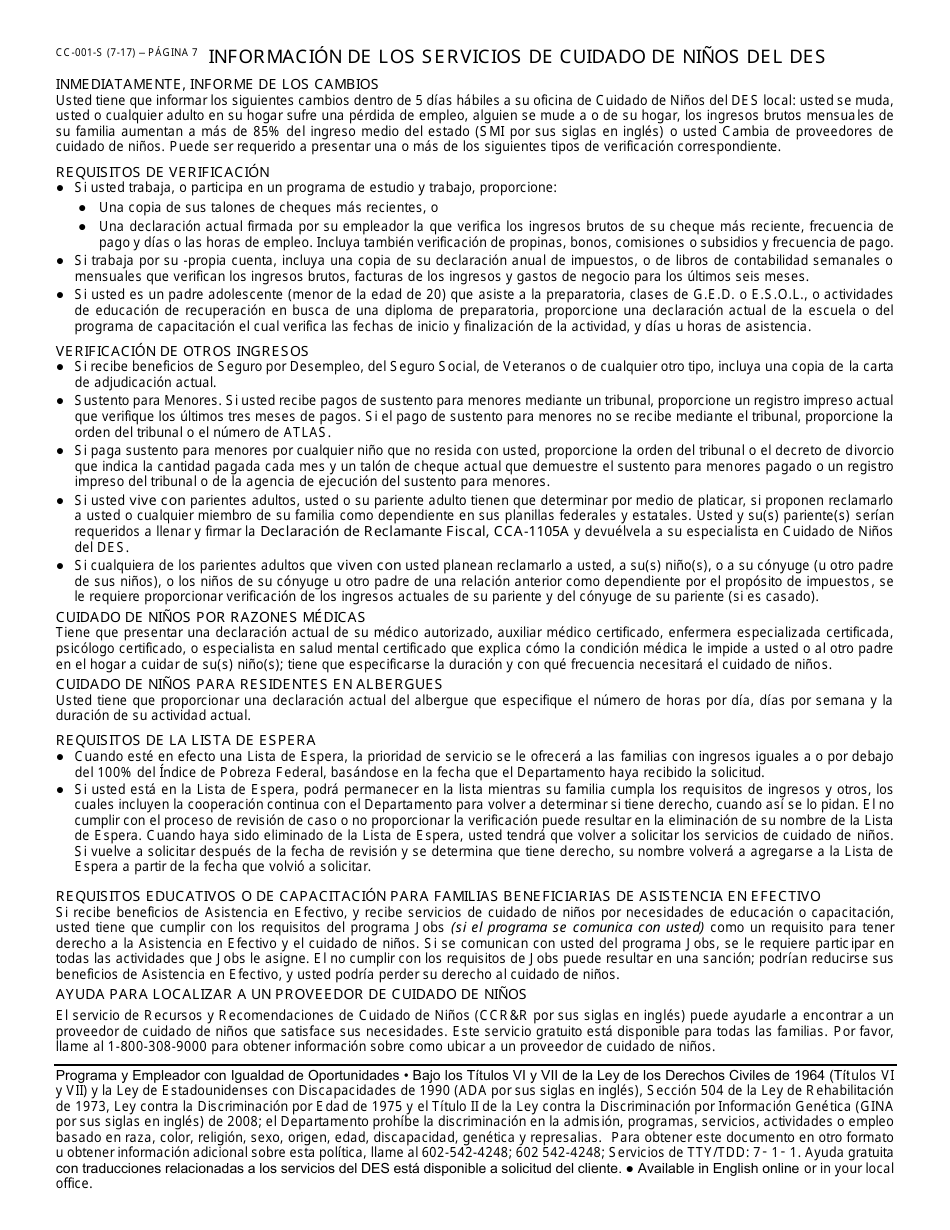Formulario CC-001-S Solicitud De Asistencia Para Cuidado De Ninos - Arizona (Spanish), Page 8