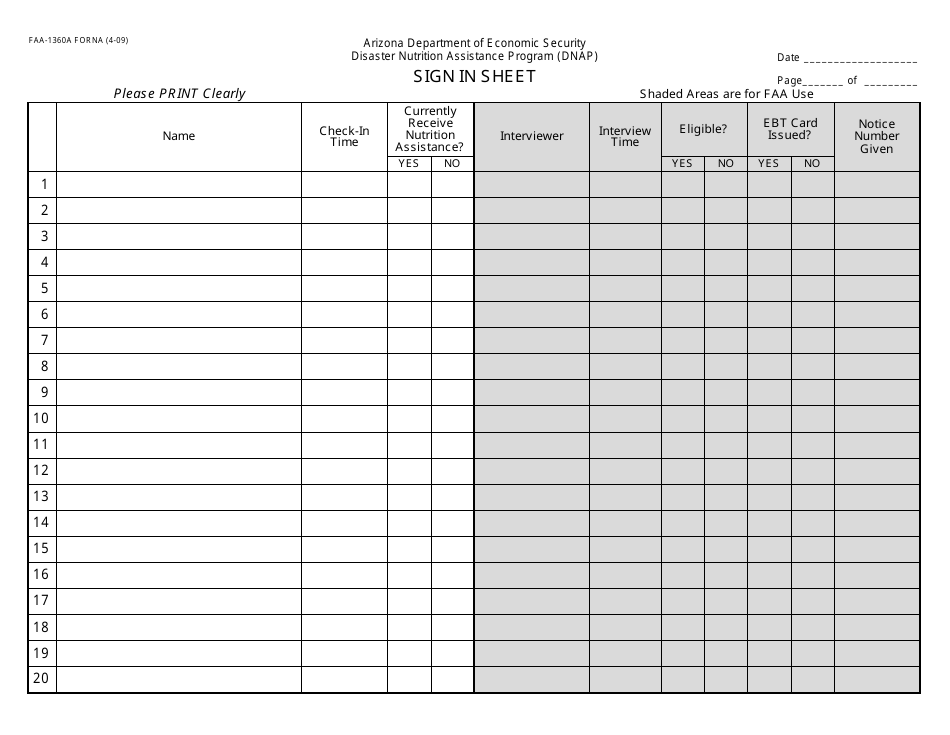Form FAA-1360A Sign in Sheet - Arizona, Page 1