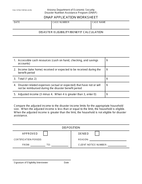 Form FAA-1370A FORNA Dnap Application Worksheet - Arizona