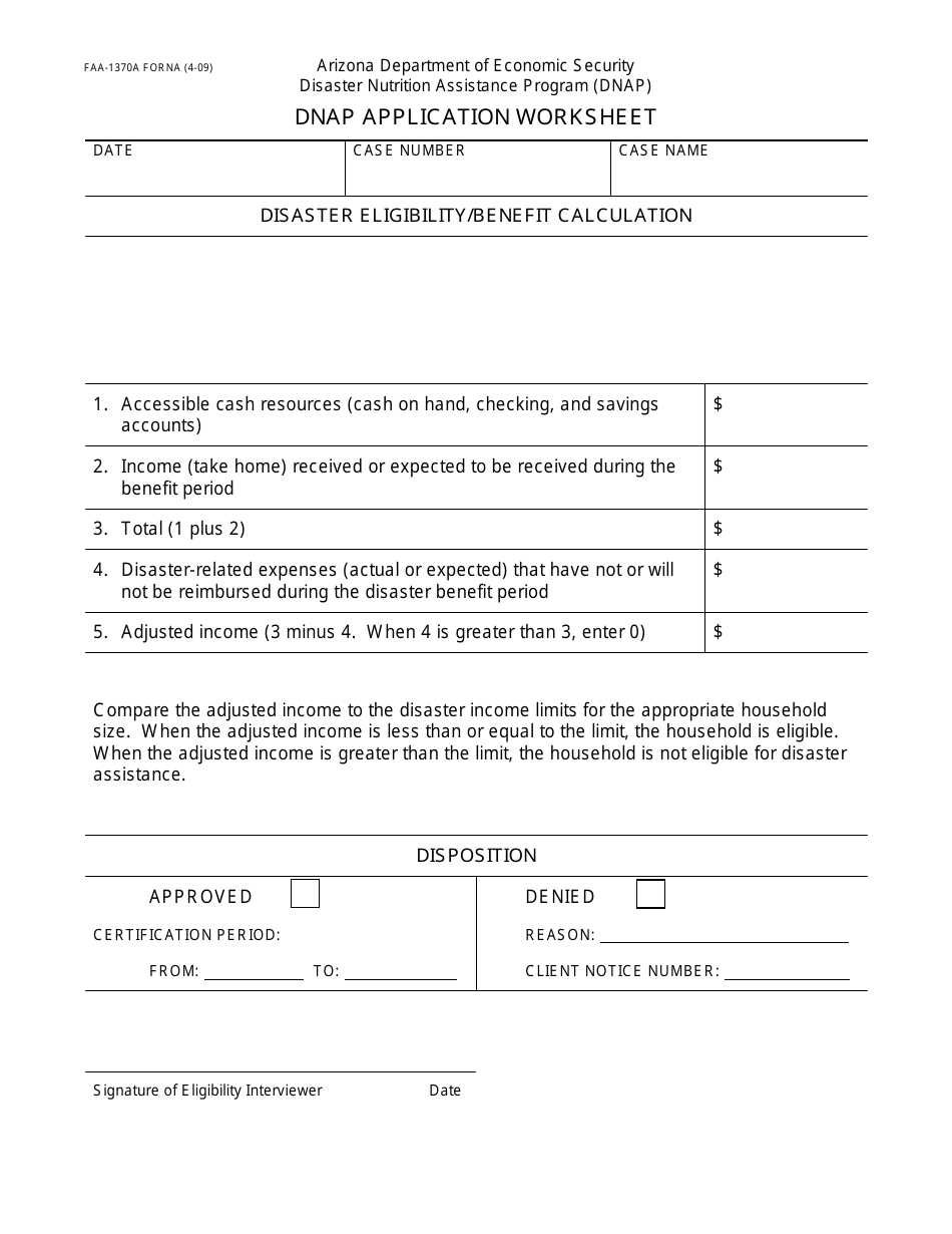 Form FAA-1370A FORNA Dnap Application Worksheet - Arizona, Page 1