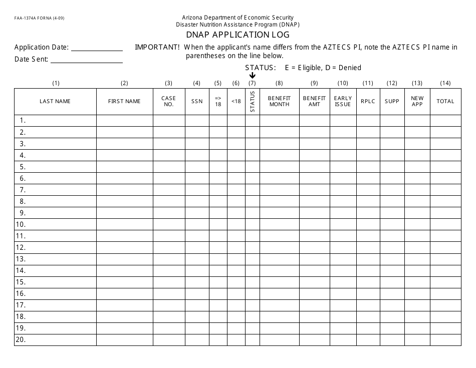 Form FAA-1374A FORNA Dnap Application Log - Arizona, Page 1