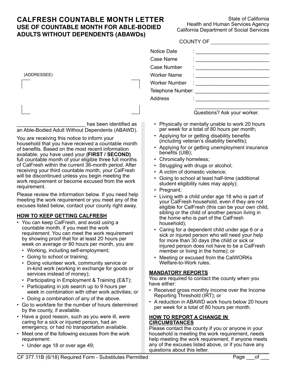 Form CF377.11B CalFresh Countable Month Letter - Use of Countable Month for Able-Bodied Adults Without Dependents (Abawds) - California, Page 1