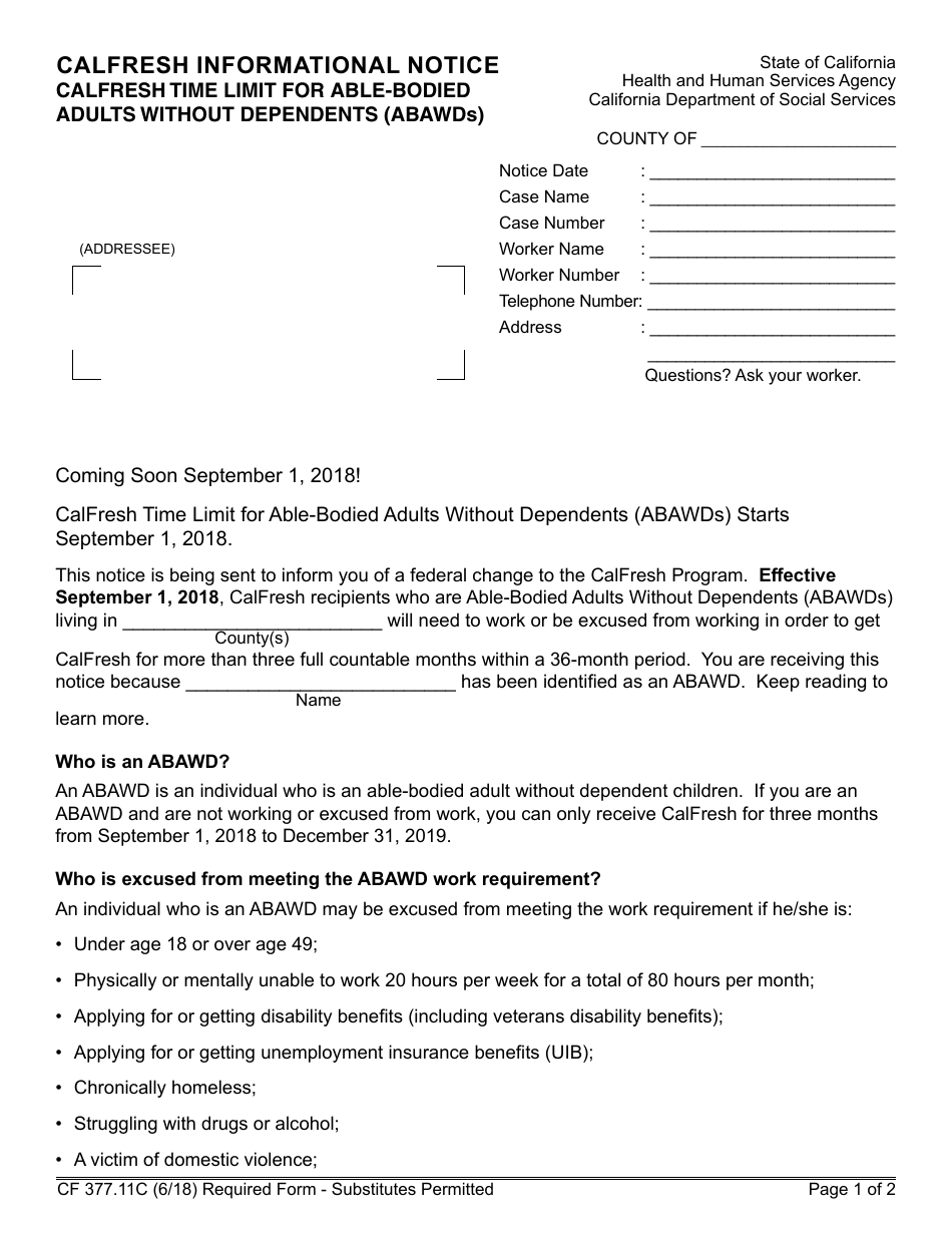 Form CF377.11C CalFresh Informational Notice - CalFresh Time Limit for Able-Bodied Adults Without Dependents (Abawds) - California, Page 1