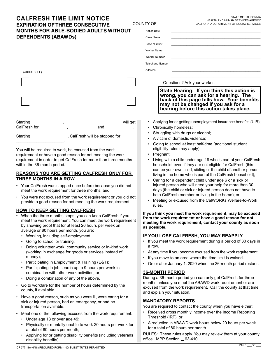 Form CF377.11A CalFresh Time Limit Notice - Expiration of Three Consecutive Months for Able-Bodied Adults Without Dependents (Abawds) - California, Page 1