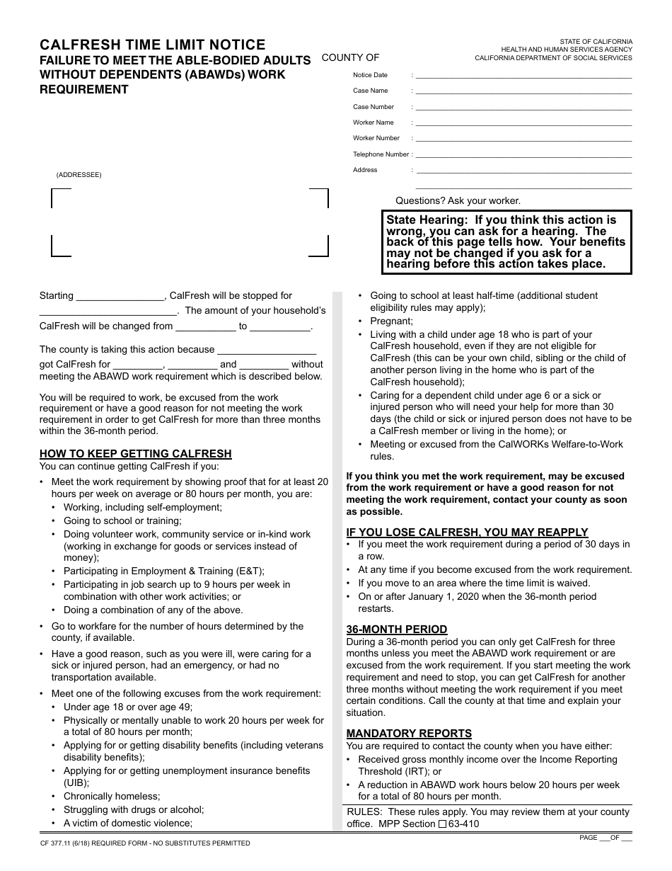 Form Cf377 11 Download Fillable Pdf Or Fill Online Calfresh Time Limit Notice Failure To Meet The Able Bodied Adults Without Dependents Abawds Work Requirement California Templateroller
