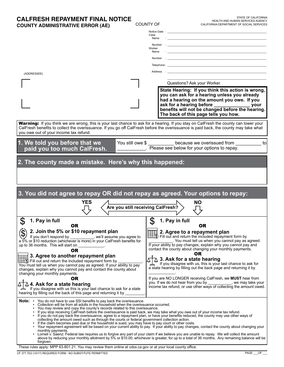 Form CF377.7D2 CalFresh Repayment Final Notice - County Administrative Error (AE) - California, Page 1