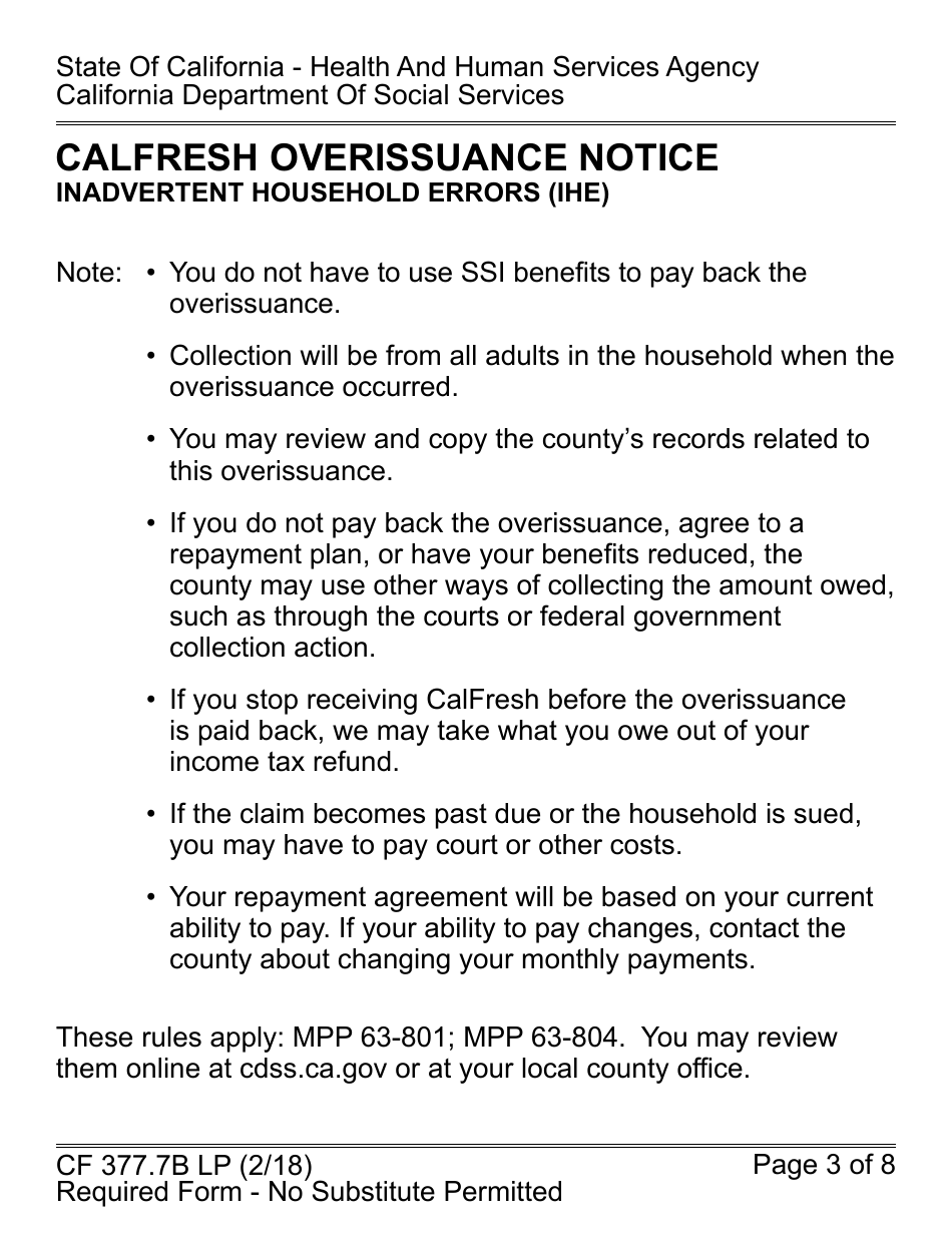 Form CF377.7B LP CalFresh Overissuance Notice - Inadvertent Household Errors (Ihe) - California, Page 3