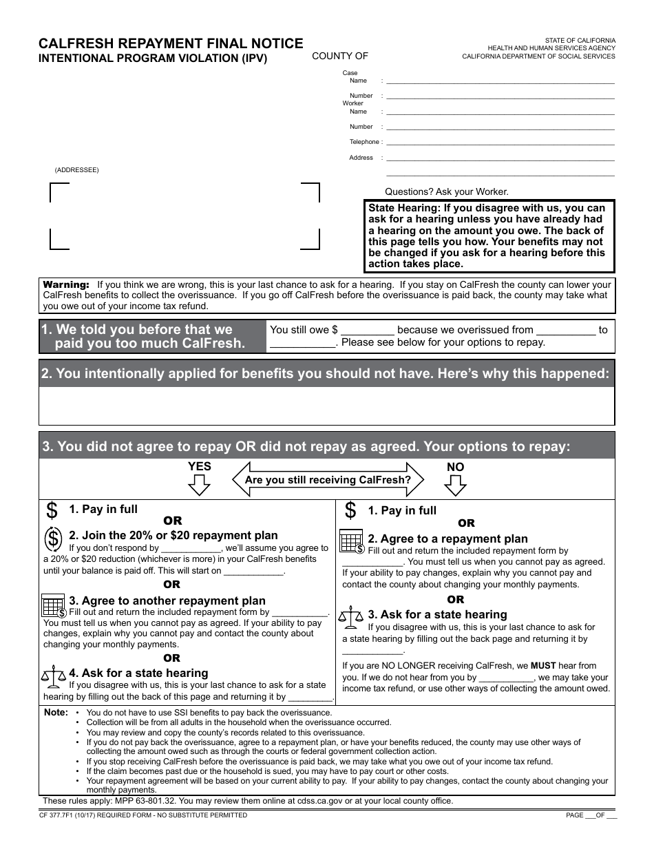 Form CF377.7F1 CalFresh Repayment Final Notice - Intentional Program Violation (Ipv) - California, Page 1