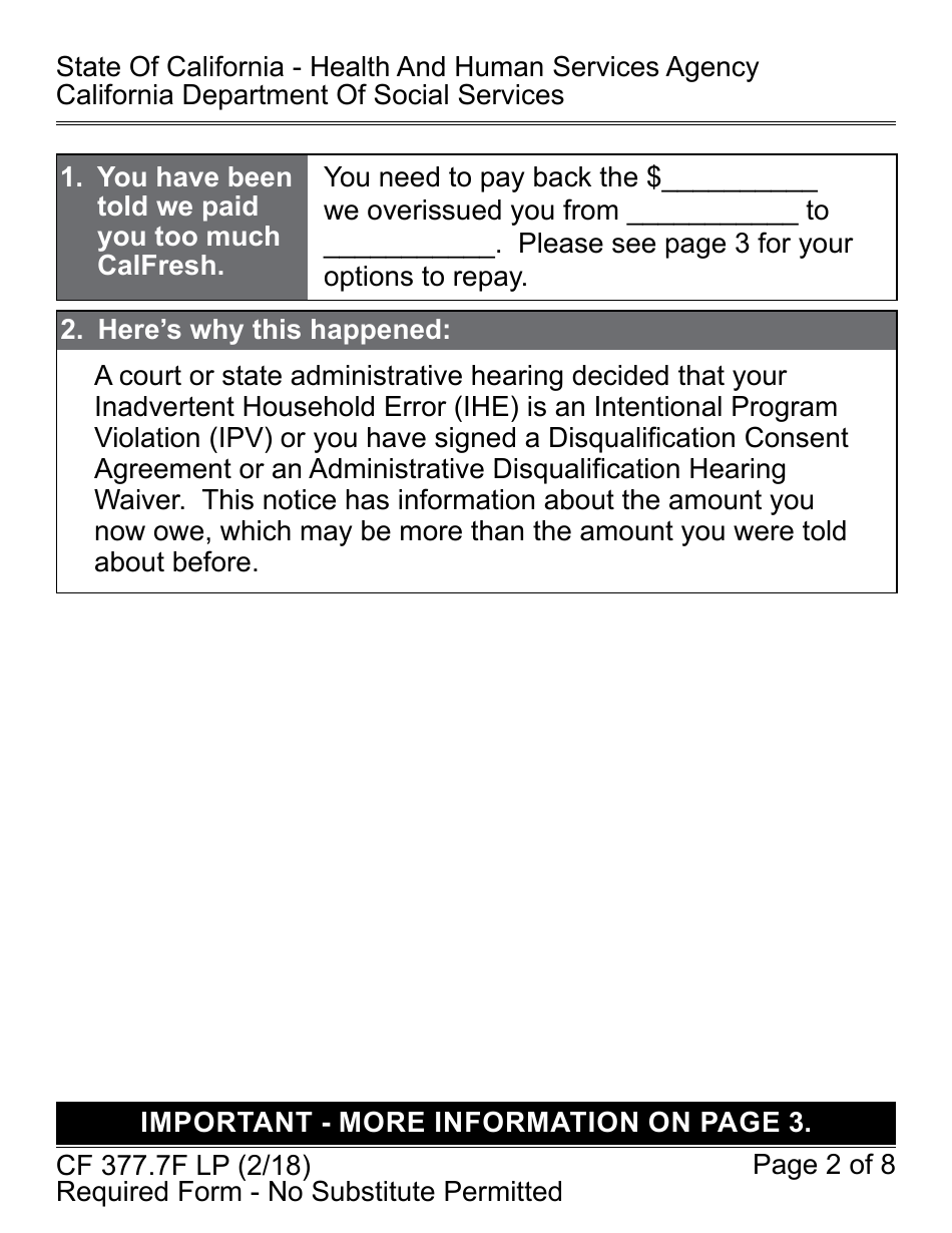 Form CF377.7F LP CalFresh Overissuance Notice - Change From Inadvertent Household Error (Ihe) to Intentional Program Violation (Ipv) - California, Page 2