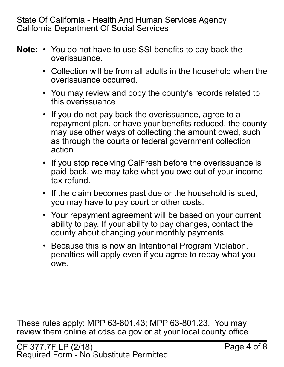 Form CF377.7F LP CalFresh Overissuance Notice - Change From Inadvertent Household Error (Ihe) to Intentional Program Violation (Ipv) - California, Page 4
