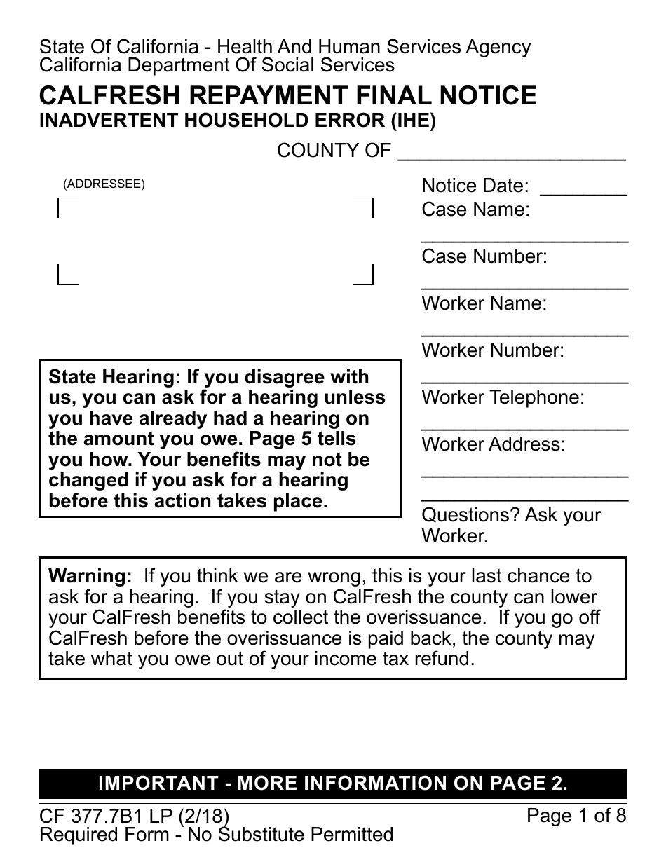 Form CF377.7B1 LP CalFresh Repayment Final Notice - Inadvertent Household Error (Ihe) - California, Page 1