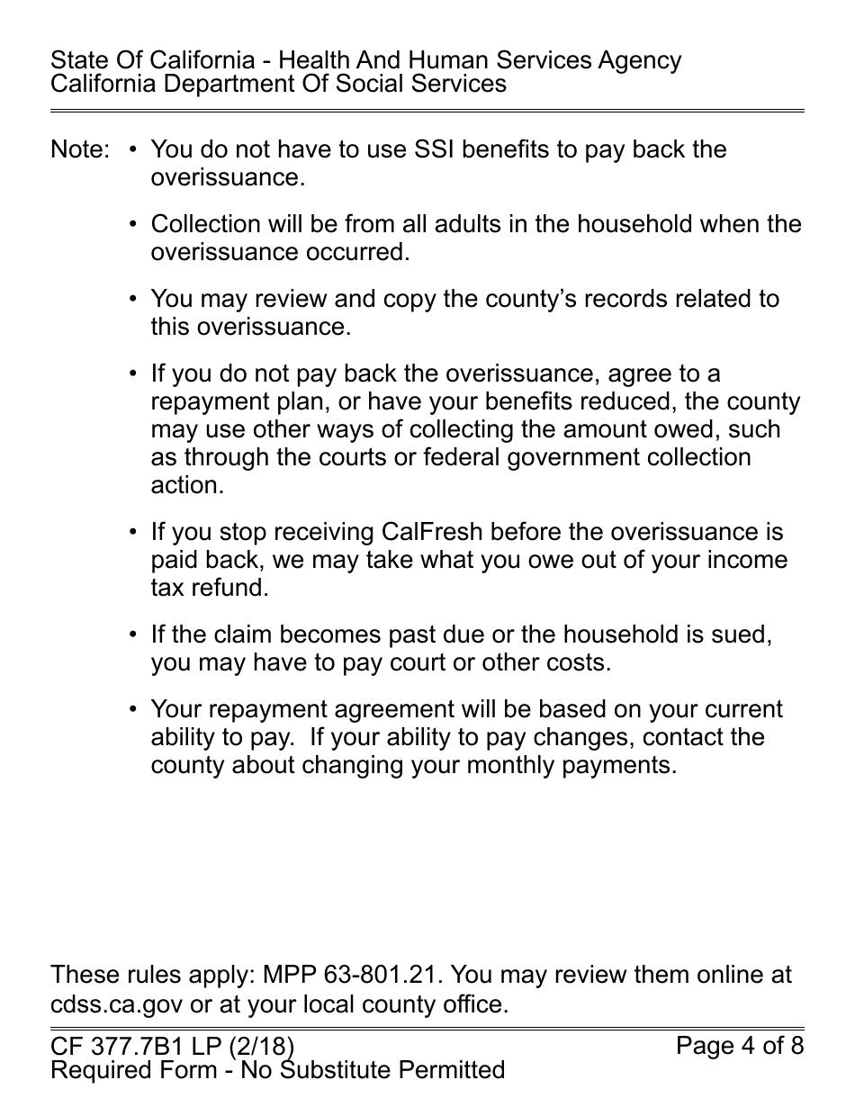 Form CF377.7B1 LP CalFresh Repayment Final Notice - Inadvertent Household Error (Ihe) - California, Page 4