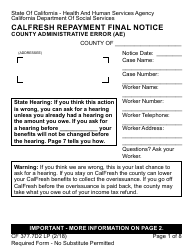 Form CF377.7D2 LP CalFresh Repayment Final Notice - County Administrative Error (AE) - California