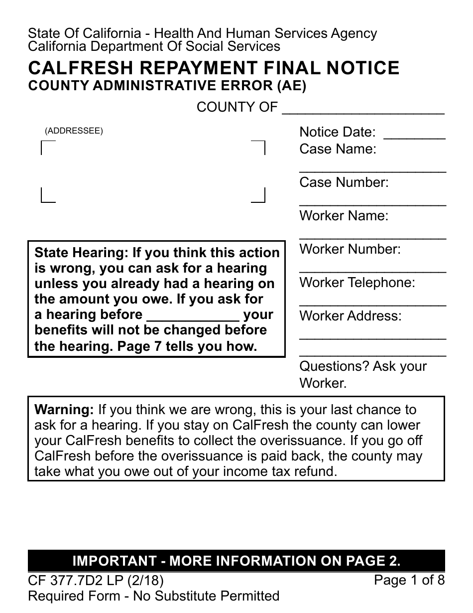 Form CF377.7D2 LP CalFresh Repayment Final Notice - County Administrative Error (AE) - California, Page 1