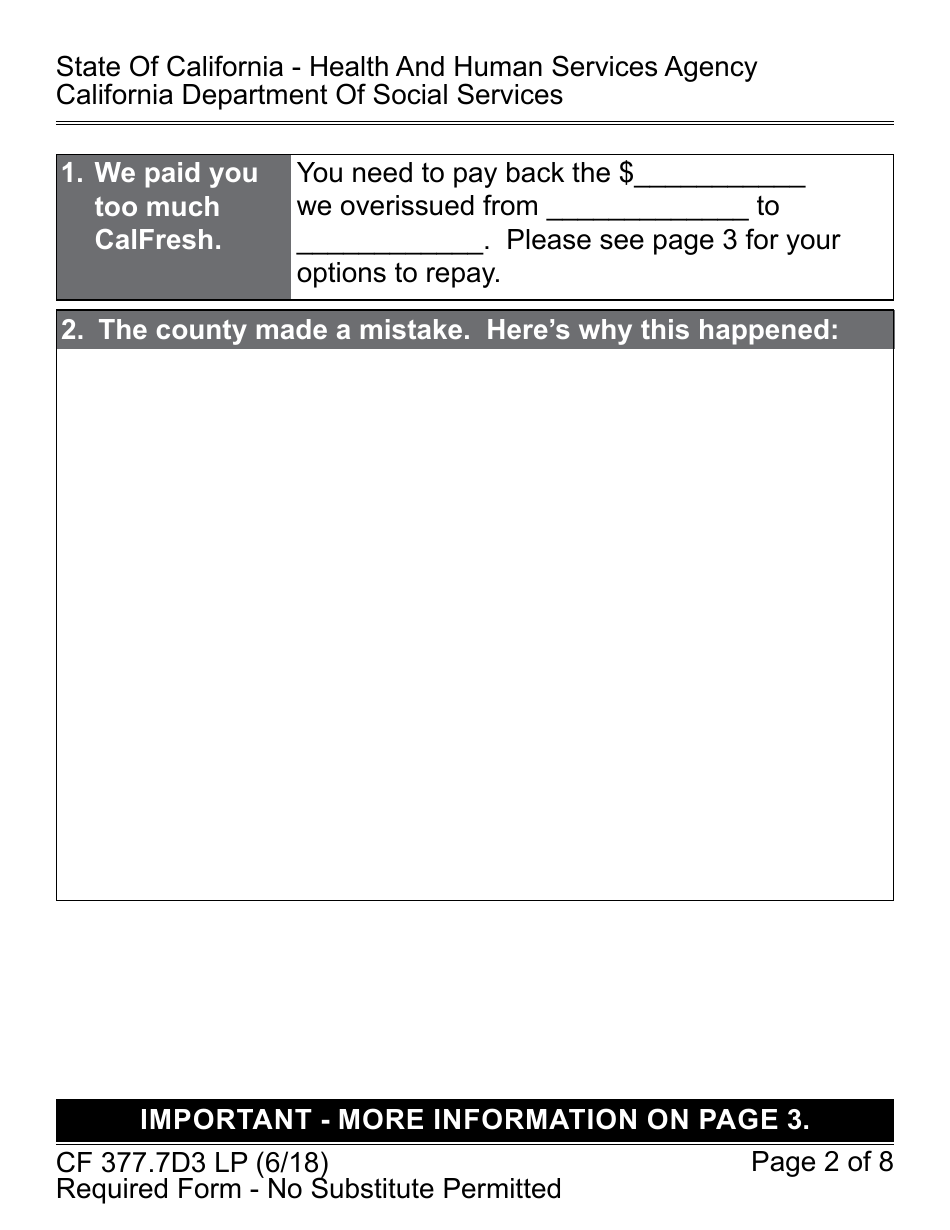 Form CF377.7D3 LP CalFresh Overissuance Notice - County Administrative Error (AE) - California, Page 2
