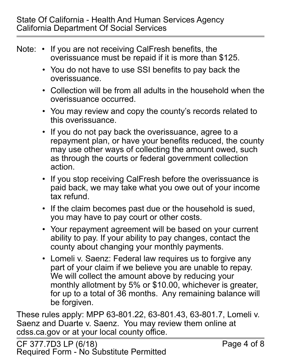 Form CF377.7D3 LP CalFresh Overissuance Notice - County Administrative Error (AE) - California, Page 4