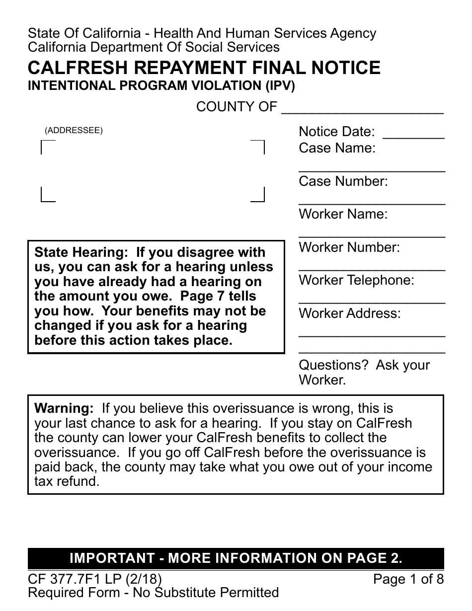 Form CF377.7F1 LP CalFresh Repayment Final Notice - California, Page 1