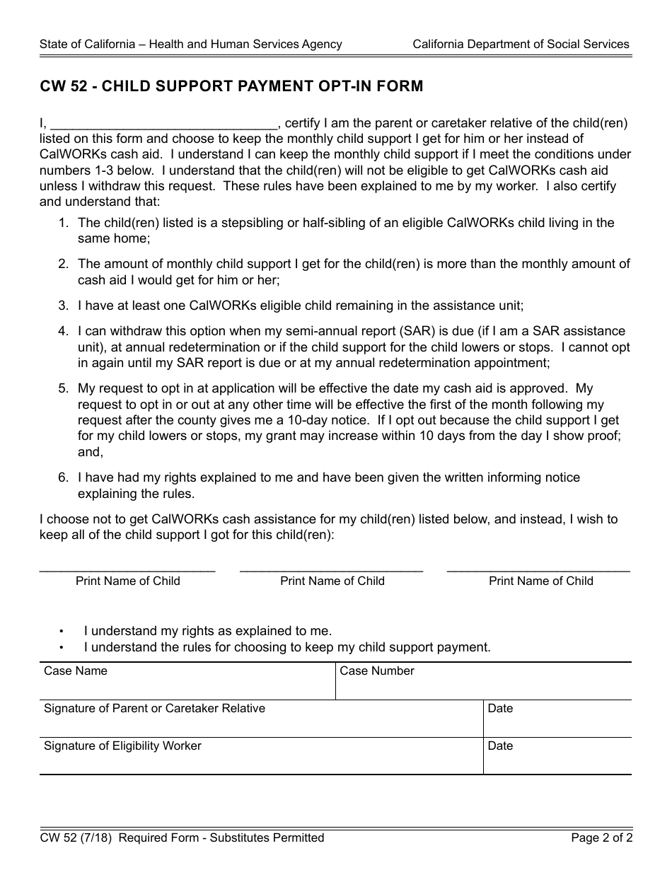 Form CW52 Child Support Payment Opt-In Form - California, Page 2