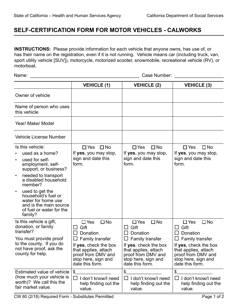 Form CW80 Self-certification Form for Motor Vehicles - Calworks - California, Page 1