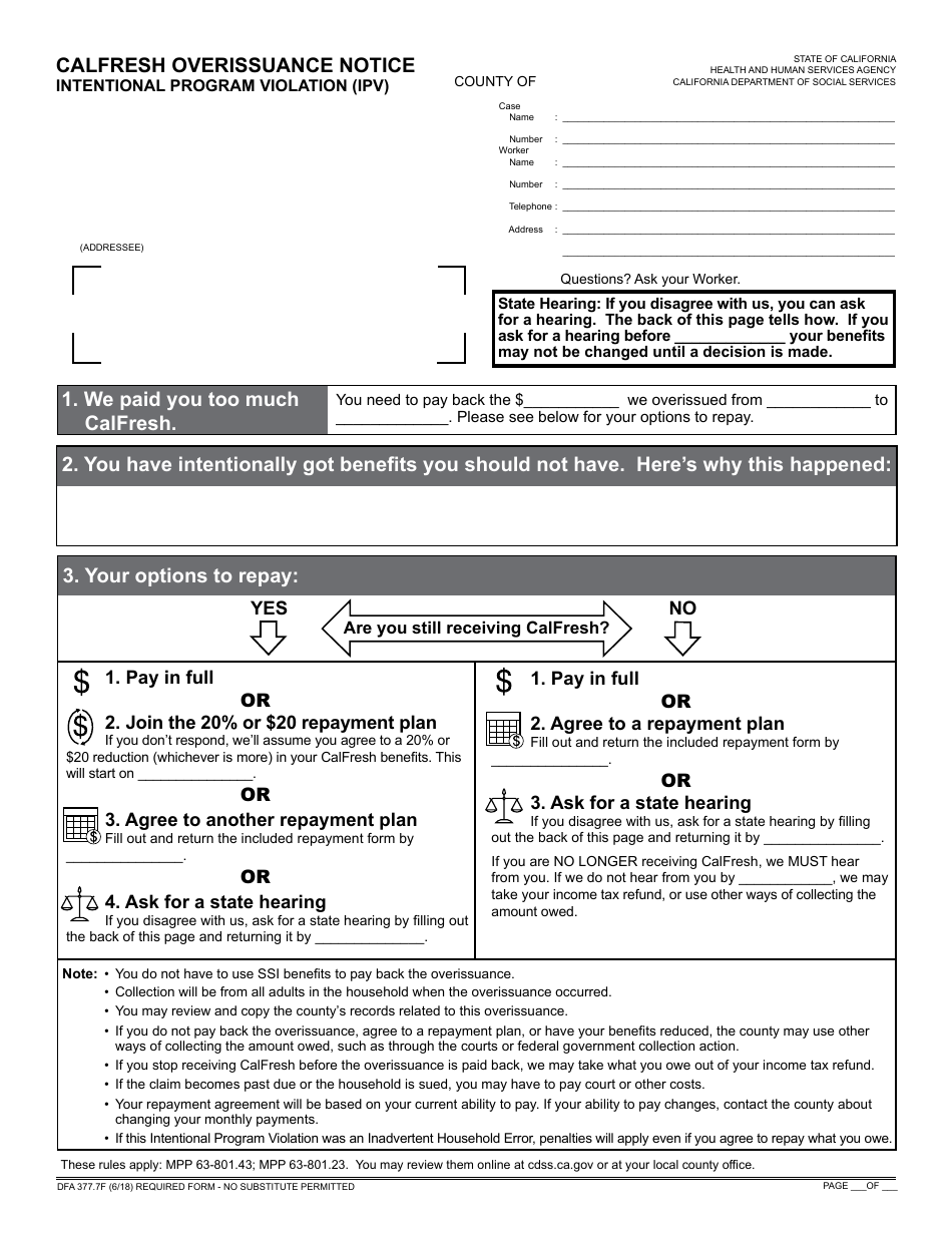 Form CF377.7F CalFresh Overissuance Notice - Intentional Program Violation (Ipv) - California, Page 1