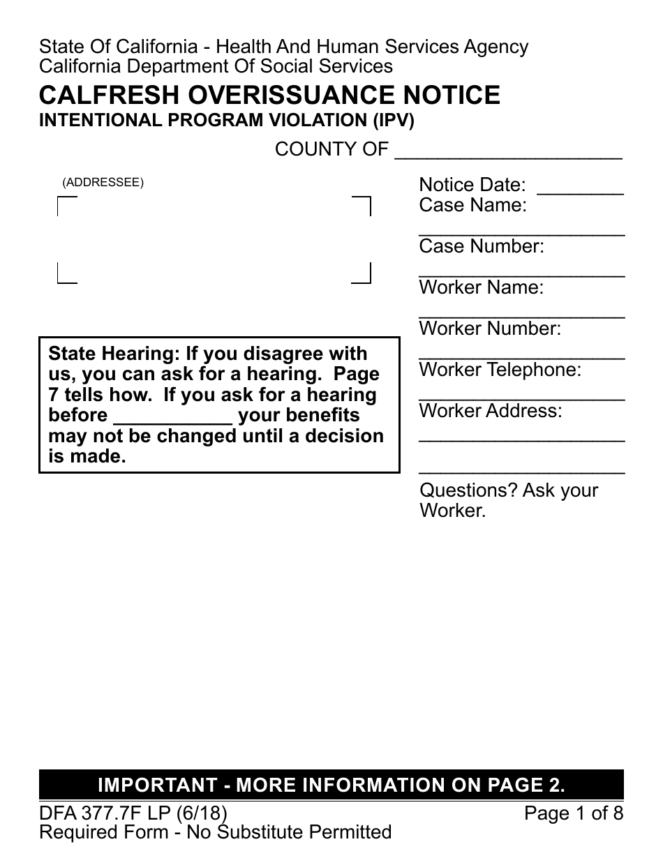 Form DFA377.7F LP CalFresh Overissuance Notice - Intentional Program Violation (Ipv) - California, Page 1