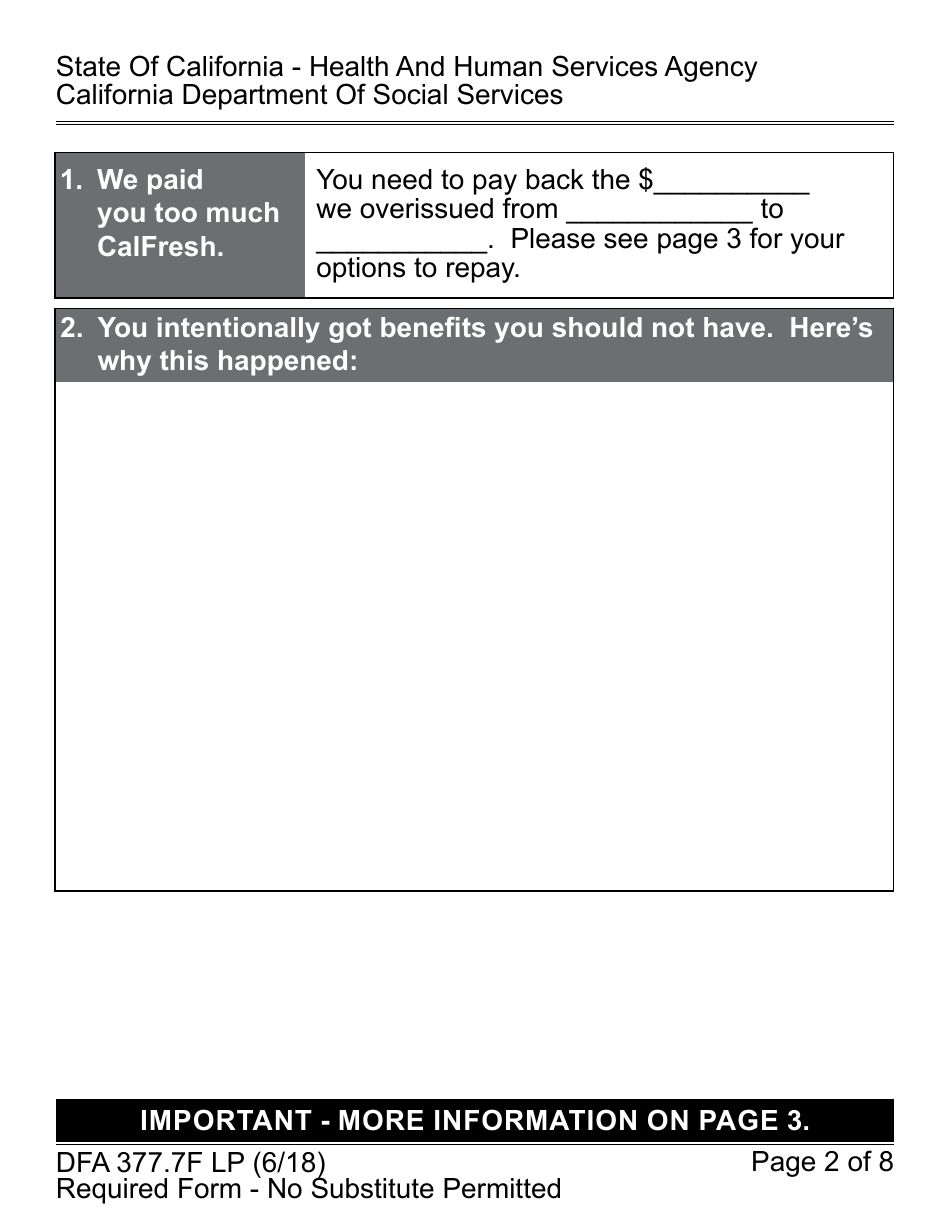 Form DFA377.7F LP CalFresh Overissuance Notice - Intentional Program Violation (Ipv) - California, Page 2