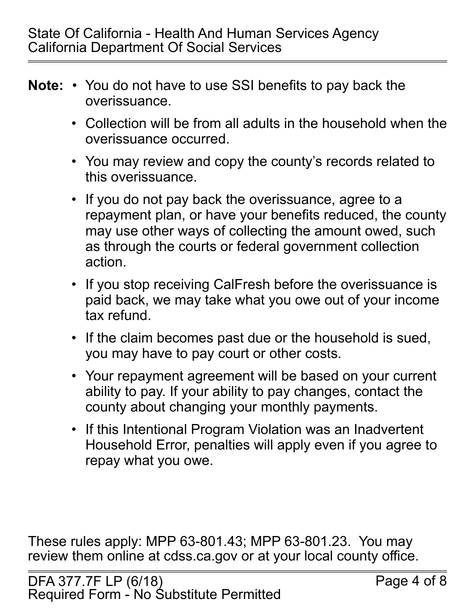 Form DFA377.7F LP CalFresh Overissuance Notice - Intentional Program Violation (Ipv) - California, Page 4