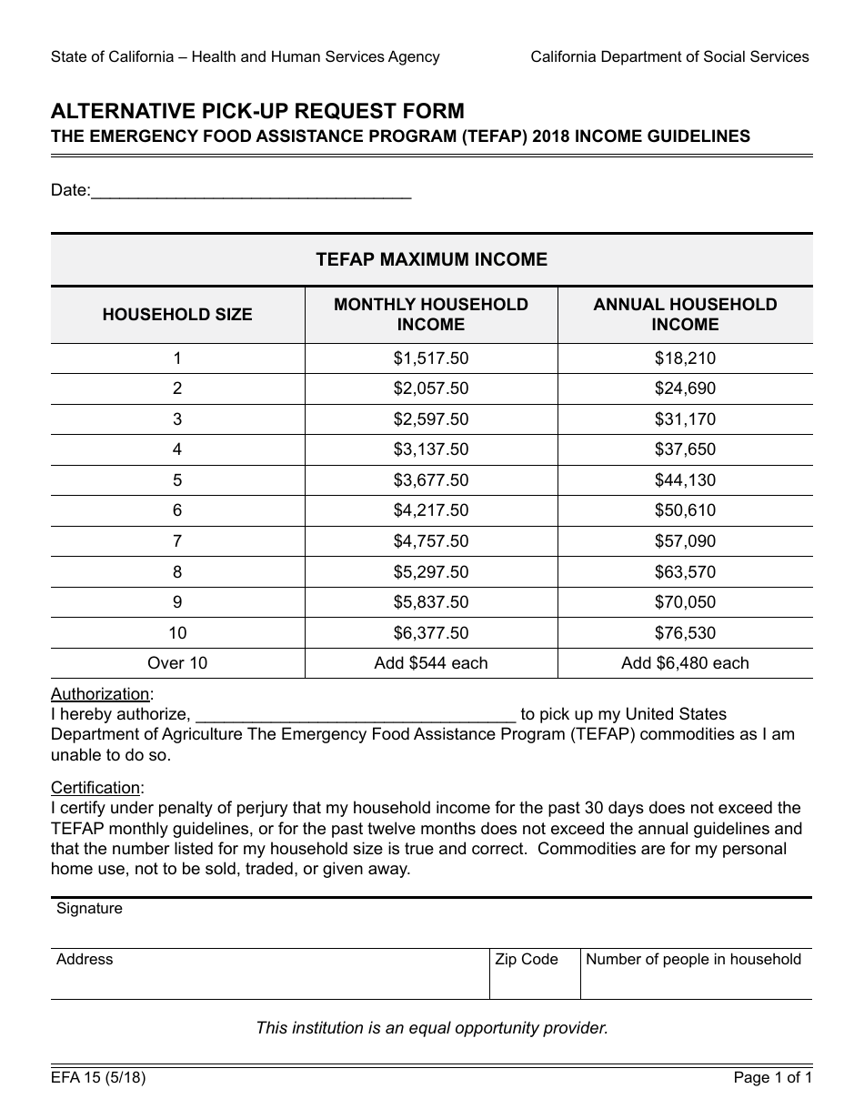 Form EFA15 Alternative Pick-Up Request Form - the Emergency Food Assistance Program (Tefap) Income Guidelines - California, Page 1