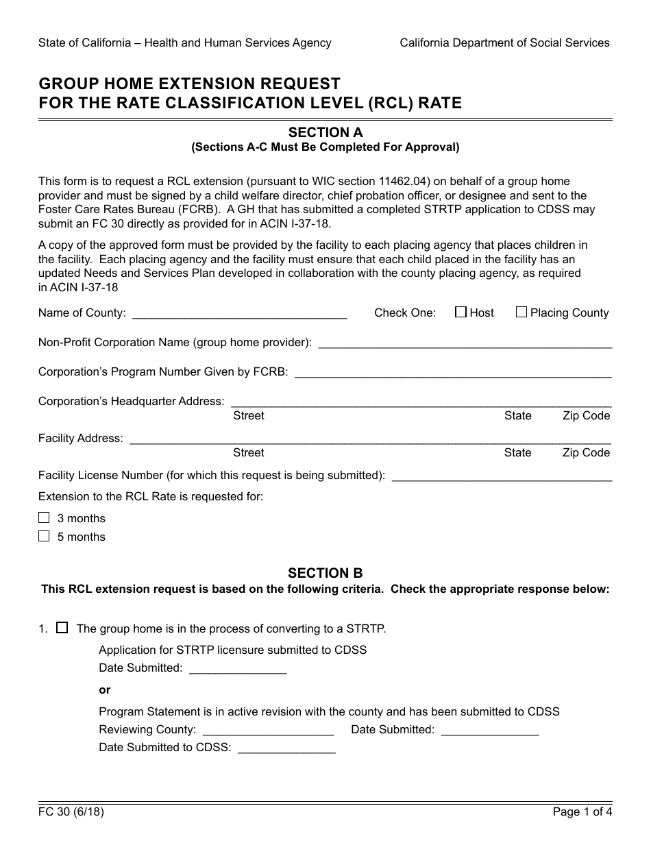 Form FC30 Group Home Extension Request for the Rate Classification Level (Rcl) Rate - California, Page 1